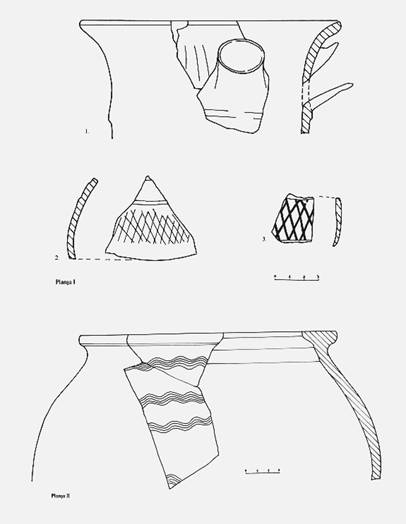 Planşa I. 1. Cană cu tub de scurgere 2. Fragment vas. 3. Fragment vas. Planşa II. Vas de provizii