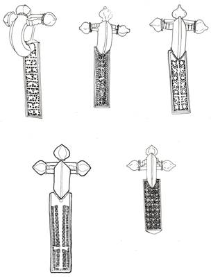 Fig. 1 – Fibule de aur de tip Keller 6 (Tóth B7b): 1. Tournai; 2. Apahida; 3. Roma-Palatin; 4. Reggio Emilia; 5. Italia (desene de Al. Diaconescu).